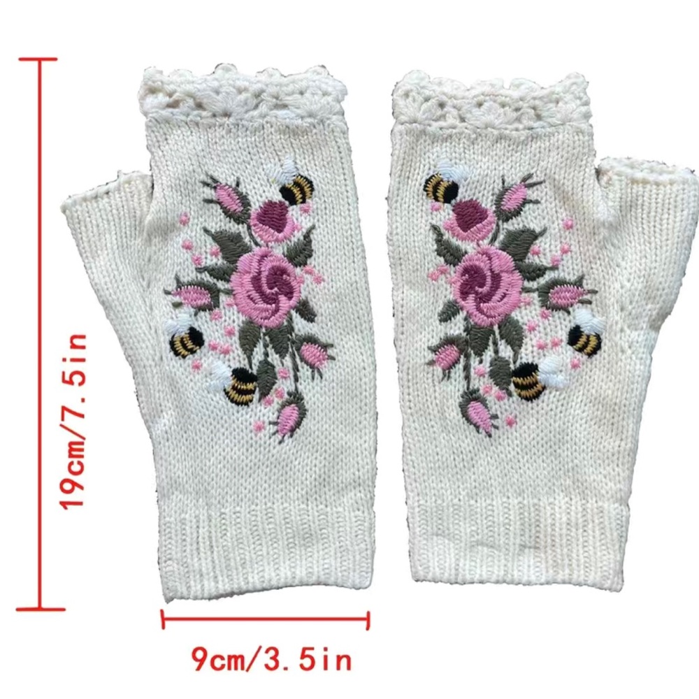 🌟 HOST PICK 🌟 White Embroidery Gloves Women's Knit Gloves Flower Fingerless - Picture 3 of 3